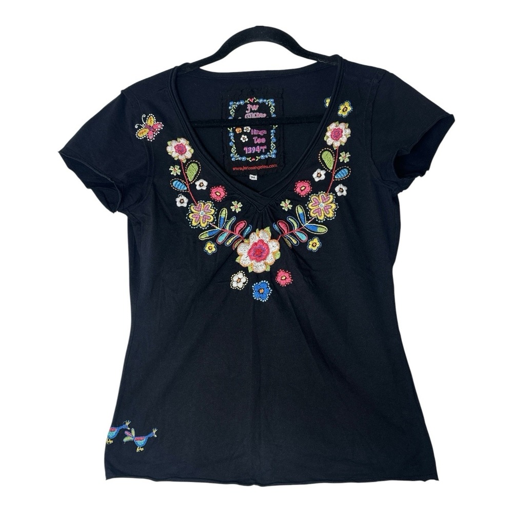 Johnny Was Top The Hinga Tee Women's‎ Medium Floral Embroidered Short Sleeve